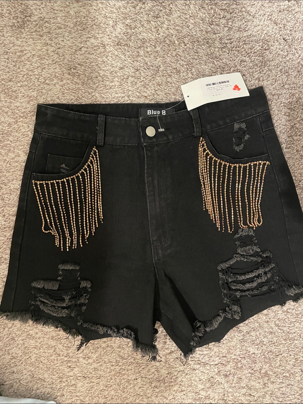 Blue b black gold rhinestone fringe denim shorts medium nwt